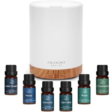 ASAKUKI Essential Oil Diffuser, Aromatherapy Cool Mist Home Humidifier with 7 LED Color Changing Light and Auto-Off Safety Switch, 6 Essential Oils Set, 300ml (Brown with Oils)
