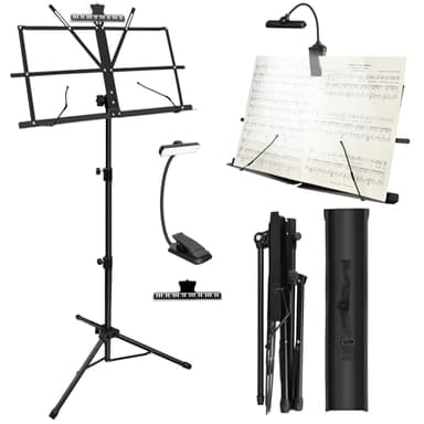 Music Stand with Light, Lightweight Portable Adjustable Desktop Book Stand with Music Sheet Clip Holder & Carrying Bag