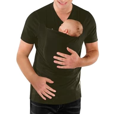 Mens Baby Carrier Shirt V Neck Short Sleeve T-Shirts for Men Skin to Skin T-Shirt with Pocket Green Plus Size