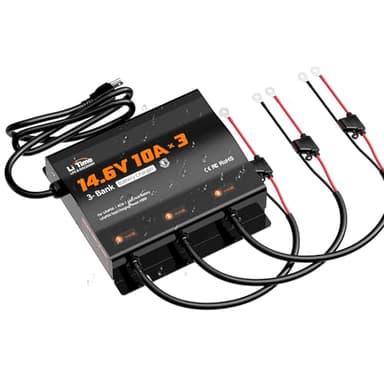 LiTime 3-Bank 10A (10A/Bank) Smart Battery Charger, 14.6V LiFePO4 Battery Charger AC-DC Charger with Fuse, LED Indicator for RV, Boat, Motorcycle, Lawn Mower, Trolling Motor and Lead Acid Battery