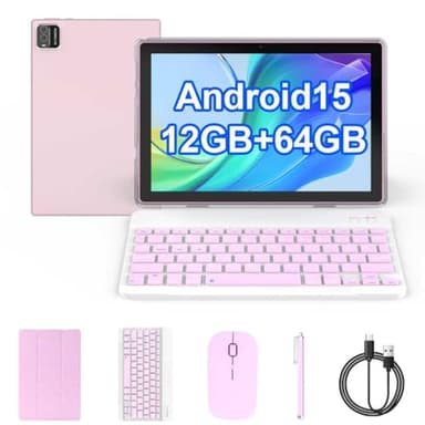 COOPERS Tablet Android 15, 10 inch Tablet 12GB RAM+64GB ROM Max 1TB, 1.8Ghz Quad-core Processor, 5G WiFi6, 6000mAh Battery Dual Camera, 2 in 1 Tablets with Keyboard Case Mouse Stylus, Widevine L1 Pink