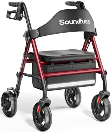 Soundfuse Rollator Walkers with Seat for Seniors, Foldable 8" Big Wheels All Terrain Rolling Walker, Handles and Ergonomic Seat Height Adjustable, 350lb Weight Capacity
