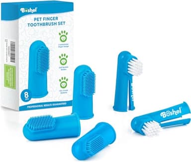 Boshel Dog Finger Toothbrush, Deep Teeth Cleaning Tooth Brushing Kit, Blue for Small and Large Breeds, Silicone & Nylon Soft Bristles, 8 Pack
