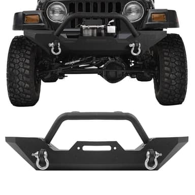 Partree Front Bumper Compatible with Jeep Wrangler TJ YJ 1987-2006, w/Winch Plate Lights D-Rings Powder-Coated Black Texture Carbon Steel Front Bumper