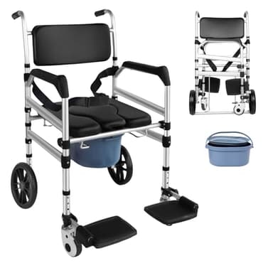 TooCust Rolling Shower Wheelchair with Commode, 350lbs Heavy Duty Transport Chair, 10-Inch Solid Rear Wheels, Water-Resistant Padded Seat, 4-in-1 Bariatric Bathroom Safety Aid for Seniors