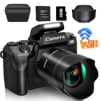 Saneen Digital Camera, 4k Cameras for Photography & Video, 64MP WiFi Touch Screen Vlogging Camera for YouTube with Flash, 32GB Card, Lens Hood, 3000mAH Battery, Front and Rear Cameras - Black