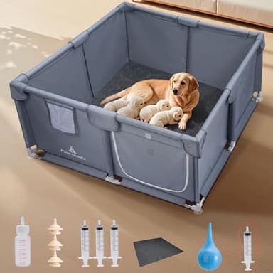 Pawtenda Whelping Box for Dogs and Puppies 47"x47"x24" - Tear-Resistant Oxford Fabric Dog Playpen with Suction Cups & 5-Piece Puppy Care Kit for Medium/Large Breed Dogs