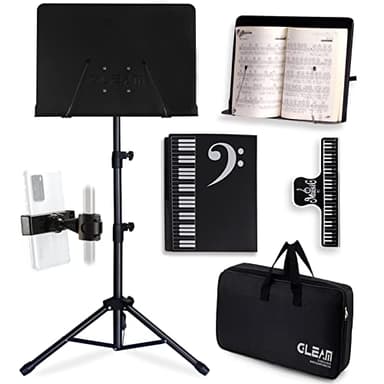 GLEAM Sheet Music Stand - Full Metal with Carrying Bag, Phone Holder, Sheet Music Folder and Clip, 5 in 1 Desktop Book Stand - Black