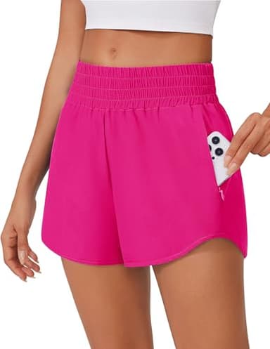 PINSPARK Women's Running Shorts with Zip Pockets Quick Dry Athletic 2.5" Inseam Shorts High Waisted Sports Shorts with Comfy Liner Hot Pink L