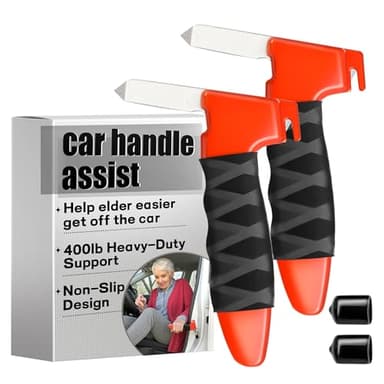 Car Door Handle For Elderly- 2 Pack 3-in-1 Car Cane Safety Hammer with Window Breaker & Seat Belt Cutter, Portable Vehicle Support Handle for Easy Exit, Heavy-Duty 400lbs Mobility Aid, Non-Slip Grip