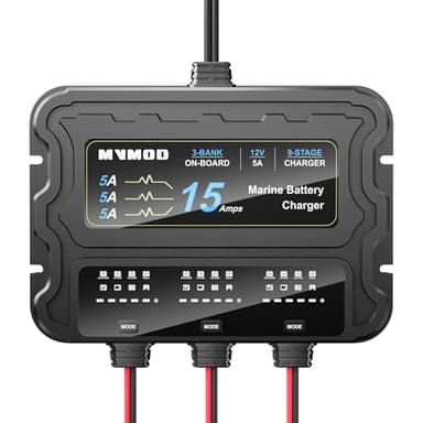 MVMOD 3 Bank Marine Battery Charger, 15A (5A/Bank) 12V IP68 Waterproof Lithium Onboard Battery Charger for SLA/AGM, Lithium(LiFePO4), Calcium Batteries