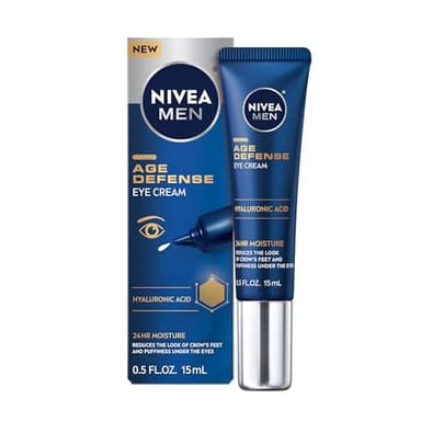 NIVEA MEN Age Defense Eye Cream with Hyaluronic Acid, 24-Hour Hydrating Under Eye Cream for Men Helps Reduce Look of Crow's Feet, Fine Lines and Dark Circles, 0.5 Fl Oz Tube