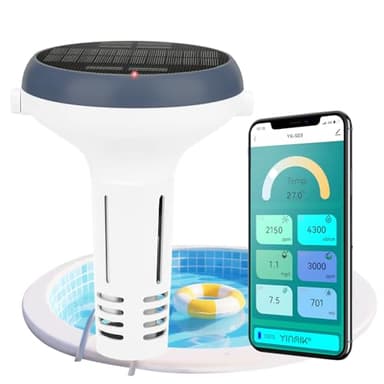 UIUZMAR Smart pH and Chlorine Pool Monitor pH and Salinity Tester 7 in 1 pH, Salt, EC, TDS, Free Chlorine, ORP, and Temperature Floating Solar Charged Chlorine Monitor for Saltwater Pool, Hot Tub