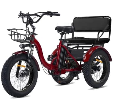 Two Seater Electric Tricycle for Adults Peak 1350W Motor 48V15.6Ah Folding E Trike,20"x4.0" Aluminum Fat Tire 3 Wheel Ebike PAS MAX 85miles Range 2 Person Electric Trike with Passenger seat Red