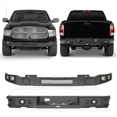 Hooke Road Ram Front Bumper Face Bar and Rear Bumper Set for 2013-2018 Dodge Ram 1500 (Exclude Rebel) & 2019-2024 Ram 1500 Classic, Heavy Duty Steel Offroad Bumpers with LED Lights