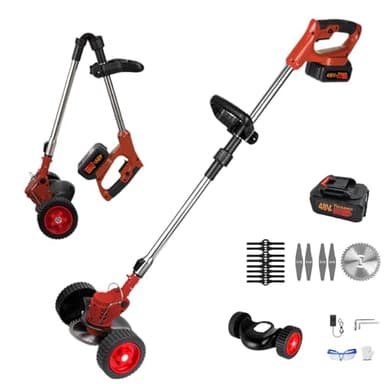 48VF Cordless Grass Trimmer Electric Weed Wacker with Wheels Lawn Trimmer Kit Powered by Battery, 21V Red Lawn Edger Mower Set Brush Cutter Battery Operated