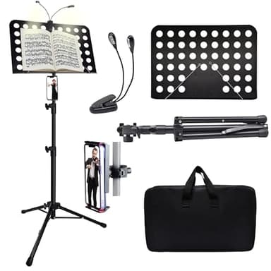 Sheet Music Stand with Light & Phone Holder, 57" Music Stand for Sheet Music High Stability, Height Adjustable Music Sheet Stand with Carrying Bag, Portable Music Book Holder (33-57inch)