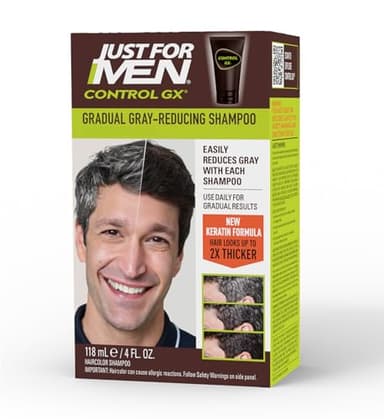 Just for Men Control GX Grey Reducing Shampoo, Gradual Hair Color with Keratin for Stronger Thicker and Healthier Looking Hair, 4 Fl Oz - Pack of 1 (Packaging May Vary)