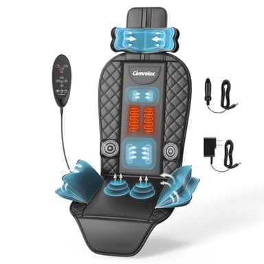 comrelax Back Massager with Heat & Traction & Vibration, Seat Massager Pad for Pain Relief Deep Tissue, Lumbar Traction, PU Leather, Foldable, for 5’ to 6’1”, Massage Chair Pad for Office Home
