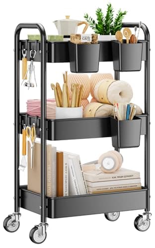 YASONIC 3 Tier Rolling Cart - Metal Utility Cart with Wheels, Hanging Cups, Hooks, Heavy Duty Mesh Rolling Storage Cart Organizer, Craft Cart for Kitchen Office, Lightweight and Sturdy
