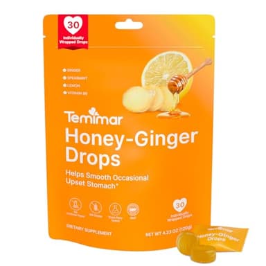 Temimar Honey-Ginger Drops for Nausea Relief, Ginger Candy for Morning Sickness, Motion Sickness & Stomach Soothe, Added Vitamin B6 for Pregnancy Nausea Relief, 30 Individually Lozenges