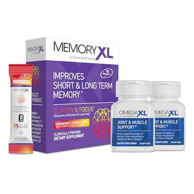 OmegaXL Joint Support Supplement for Relief - Natural Muscle Support, Green Lipped Mussel Oil, 60 Ct (2 Pack). MemoryXL, Magnesium L-Threonate Brain Supplement - Memory & Focus Cranberry Lemon 30 Pack