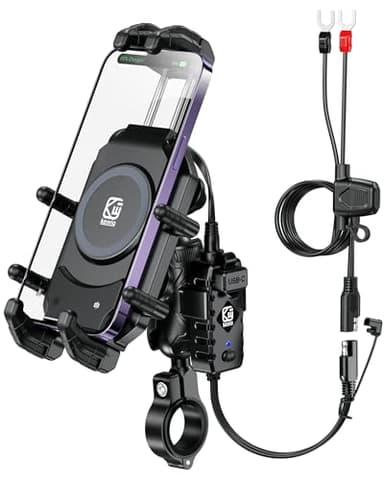 BRCOVAN Motorcycle Phone Mount Holder with Qi 15W Wireless Charger & 30W PD/USB-C Fast Charging Port, Anti-Theft Handlebar Cellphone Cradle with Vibration Dampener, Adjustable for 5.4-7.2'' Smartphone