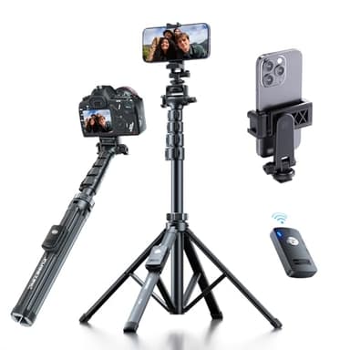 Fugetek 62" Professional Cell Phone Tripod, Ultra Stable 4 Leg Design, Bluetooth Remote, 100% All Aluminum Stick & Legs, Portable All in One, 360° Phone Mount with 2 Cold Shoe Slots, Non Skid Feet