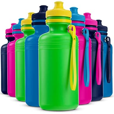 Bedwina Bulk Water Bottles For Kids - (Pack of 12) 18 Oz - 7.5 Inch BPA-Free Plastic with Pop-up Tops & Handles for Sports, Summer, Reusable Water Bottles Bulk For School