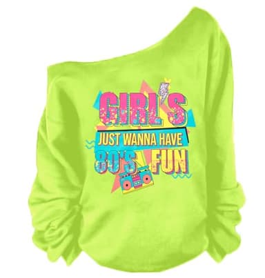 QLIPIN 80s 90s Outfits for Women 80's Theme Party Long Sleeve Shirt 90s Off the Shoulder Sweatshirt Retro Neon Disco Pullover