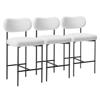 HOMMPA 26'' Bar Stools Set of 3 Boucle Counter Height Barstools Set Upholstered Modern Bar Stools Chairs with Back Metal Legs for Kitchen Island Counter White