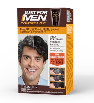 Just For Men Control GX Grey Reducing 2-in-1 Shampoo and Conditioner, Gradual Hair Color with Keratin for Stronger Thicker and Healthier Looking Hair, 4 Fl Oz - Pack of 1 (Packaging May Vary)