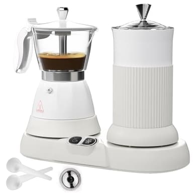 Vaolvpant Electric Espresso Machine with Milk Frother 2 in 1 Efficient Moka Pot Coffee Maker with Milkfroth Aluminum One-Touch Operation for Effortless Cappuccinos Lattes Macchiatos White