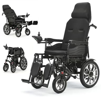 Reclining Foldable Electric Wheelchair for Adults, Motorized Wheelchair with High Backrest, All Terrain Power Wheelchair for Seniors, Lightweight Folding Electric Wheelchair, 20 Miles Travel Range