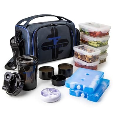 ThinkFit Insulated Lunch Box with 6 Portion Control Containers, Pill Dispenser, Shaker Cup & Ice Packs - BPA-Free, Reusable, Microwavable, Freezer Safe - Blue