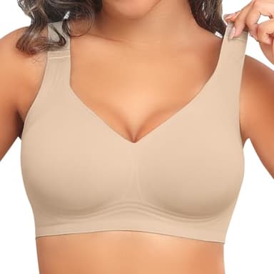 PoseFree Plus Size Full Coverage Wireless Supportive Back Fat Smoothing Wirefree Bras for Large Breasted Women (Nude,2XL)