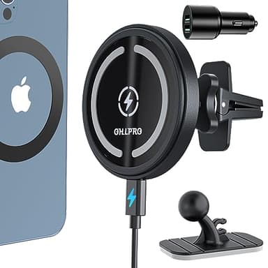 OHLPRO MagSafe Car Mount Charger, 15W QC 3.0 Fast Charging for iPhone 17 ProMax, Pro, Plus, 16, 15, 14, 13, 12 Series, Stick on Car Dashboard & Air Vent Phone Holder