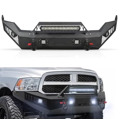 Peforway Off Road Front Bumper Fits for RAM 1500 2013-2018, Full Width Front Bumper 5 Lights D-Rings, Bull Bar Built-in Winch Plate Heavy Duty Steel, Textured Black Steel Bumper