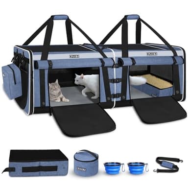 Petskd Double Extra Large Cat Carrier with Litter Box and Privacy Curtain, 48"x17"x17" Soft Cat Car Travel Carrier with Locking Zippers for Multiple Cats Long Distance Trip(Blue)