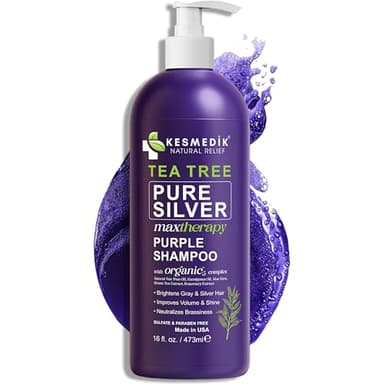 KESMEDIK Tea Tree Purple Shampoo with Rosemary & Aloe, Professional Anti Brass Toner, Removes Yellow Tones for Gray, Bleached, White & Blonde Hair, Nourishes & Refreshes Scalp, Sulfate-Free, 16 fl oz