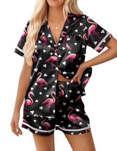 Ekouaer Womens Silk Pajama Sets Button Up Satin Pjs Short Sleeve 2 Piece Pj Sets Cute Lounge Sets with Chest Pocket Flamingo