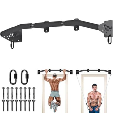 SELEWARE Heavy Duty Wall Mount Doorway Pull Up Bar, Joist/Beam Mount Chin Up Bar w/Non-Slip Foam Grips & Resistance Band Hooks, Steel Construction, Fits 36" Wall Studs for Home Gym Strength Training