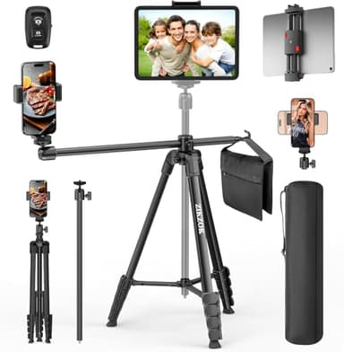 70" Phone Tripod & Selfie Stick, Horizontal Overhead Tripod, Extendable Camera Cell Phone Tripod Stand with Wireless Remote and phone Holder for Filming Video Recording Live Stream