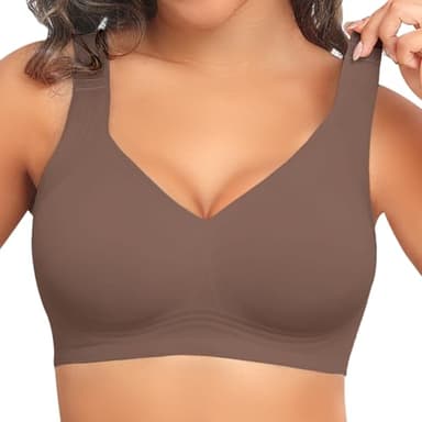 PoseFree Womens Bras No Underwire Full Support Back Fat Smoothing Bralette Wireless Push Up Plus Size Sports Bra (Coffee,XL)