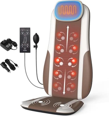 comrelax Shiatsu Back Massager with Heat, Massage Chair Pad Seat Cushion for Stress Relief, Deep Tissue Kneading & Roller, 2 Vibration Motors, Back Waist Hip Massager, PU Leather, with 2 Adapters