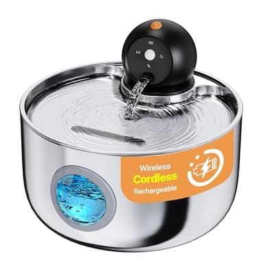 Wireless Cat Water Fountain Cordless: Stainless Steel Cat Fountains for Drinking - 88oz/2.6L Battery Operated Pet Water Fountain Indoor with Motion Sensor - Rechargeable Automatic Water Dispenser