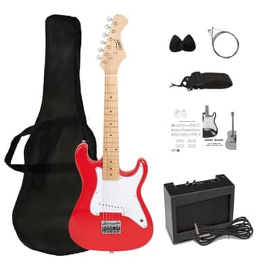 CB SKY 30 Inch Kids Electric Guitar Beginner Kit, Junior Size Mini Electric Guitar for Children with Amplifier (battery/adaptor not included) and Guitar bag, Unisex Red