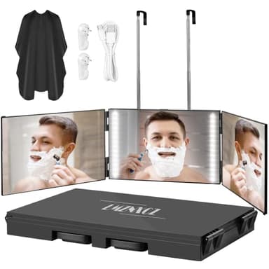 LMZNXCZ with LED Lights 3 Way Mirror for Self Hair Cutting,360 Haircuts Mirror Men for Barber Use Tools,to See Back of Head,Tri Fold with Portable Height Adjustable Telescoping Hooks