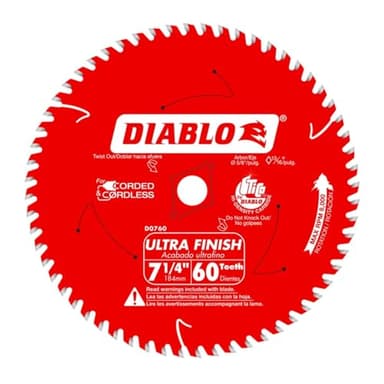 Diablo Ultra Finish Carbide Saw Blade for Wood - 7-1/4" Diameter, 60 ATB Teeth, 5/8" Arbor, .059" Kerf, 10° Hook Angle, .040" Plate, 8000 Max RPM - D0760A