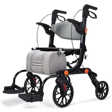 2-in-1 Walkers for Seniors with Seat & Transport Wheelchair Combo,All-Terrain Rolling Walker,Adjustable Height for Indoor Outdoor Mobility with Brakes & Storage Pouch